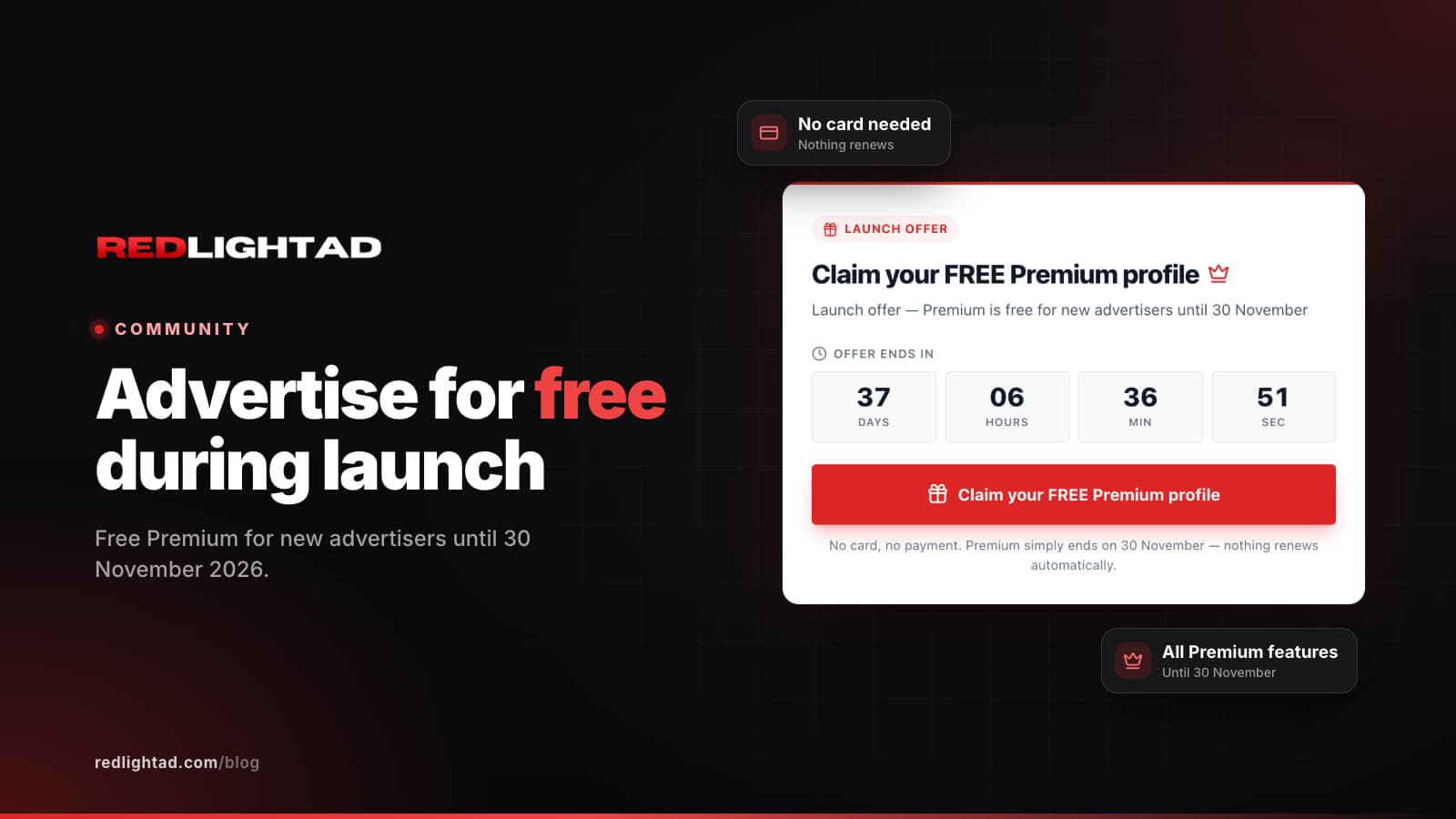 The RedLightAd launch offer card reading "Claim your FREE Premium profile"