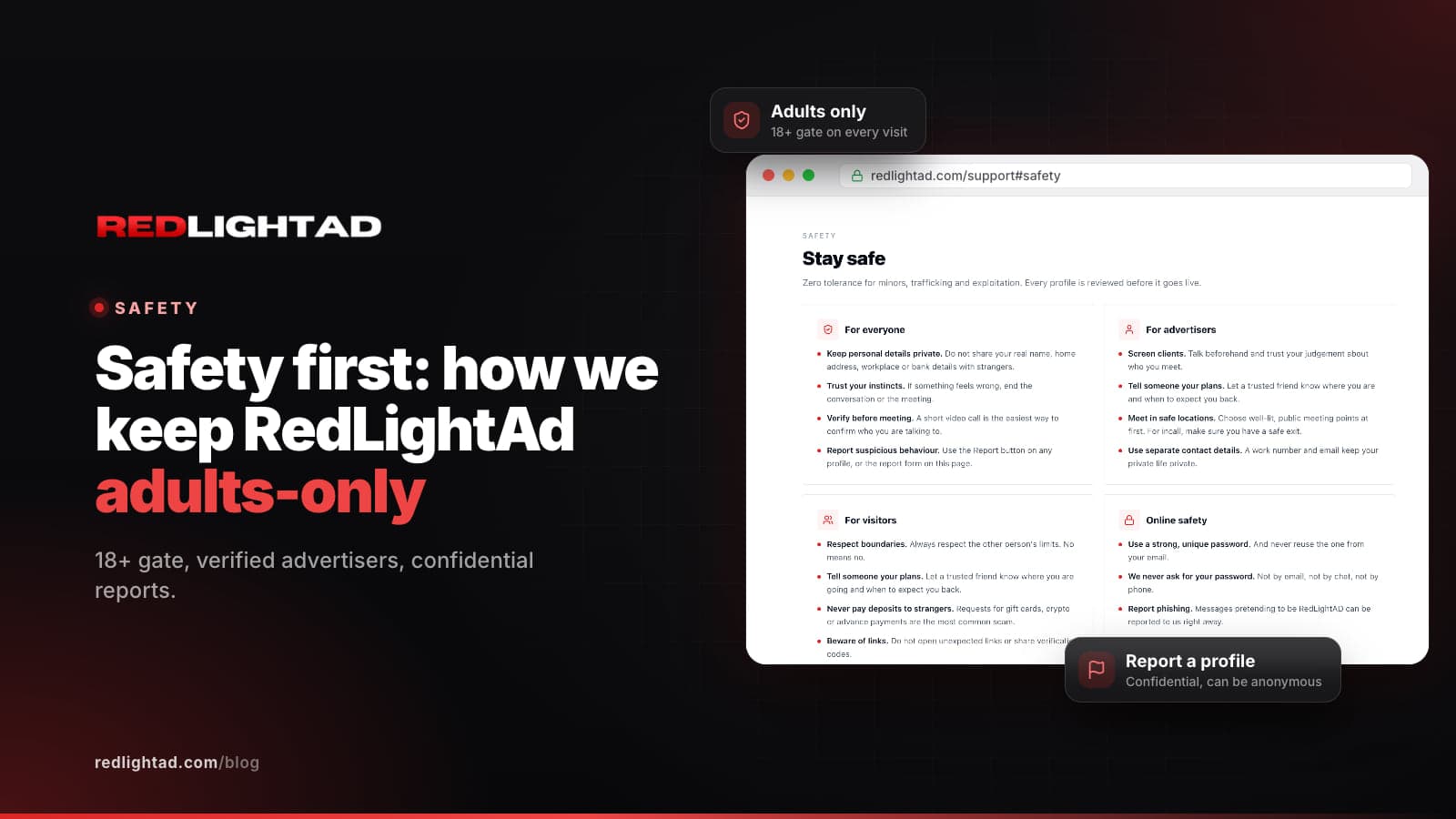 The Stay safe section of the RedLightAd Help & Contact page with safety tips for everyone, advertisers and visitors
