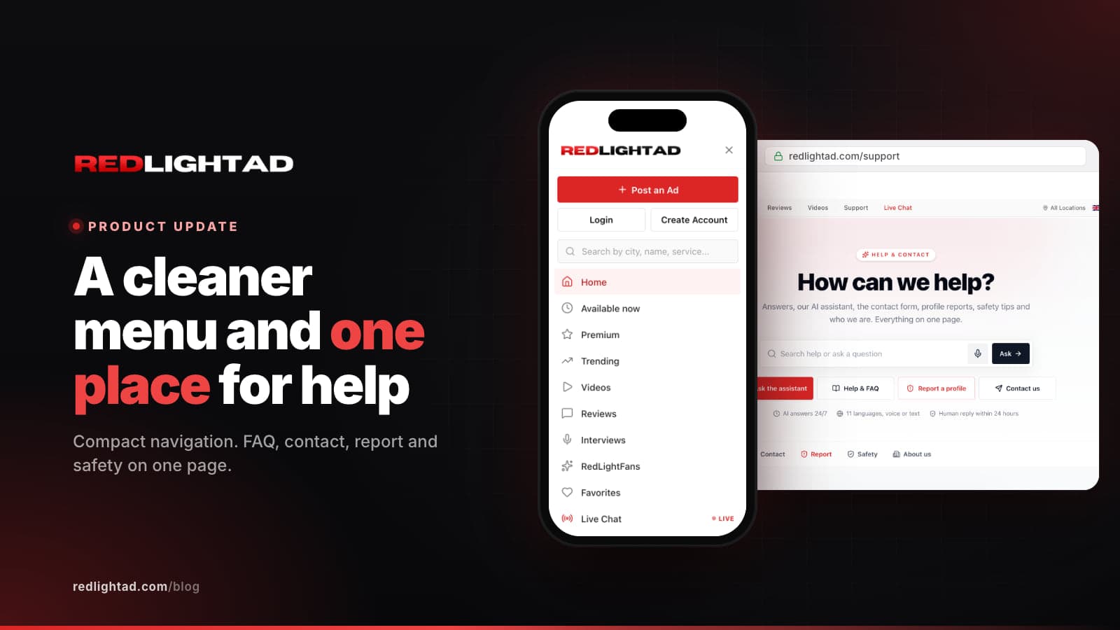 The new compact RedLightAd main menu next to the Help & Contact page