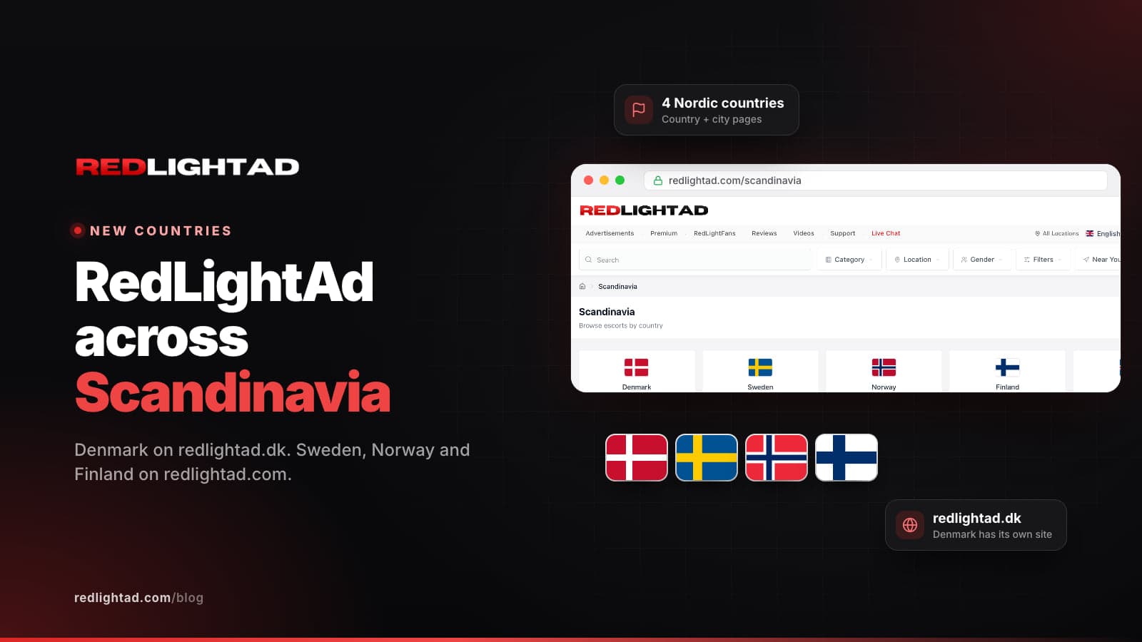 The RedLightAd Scandinavia page with the flags of Denmark, Sweden, Norway and Finland